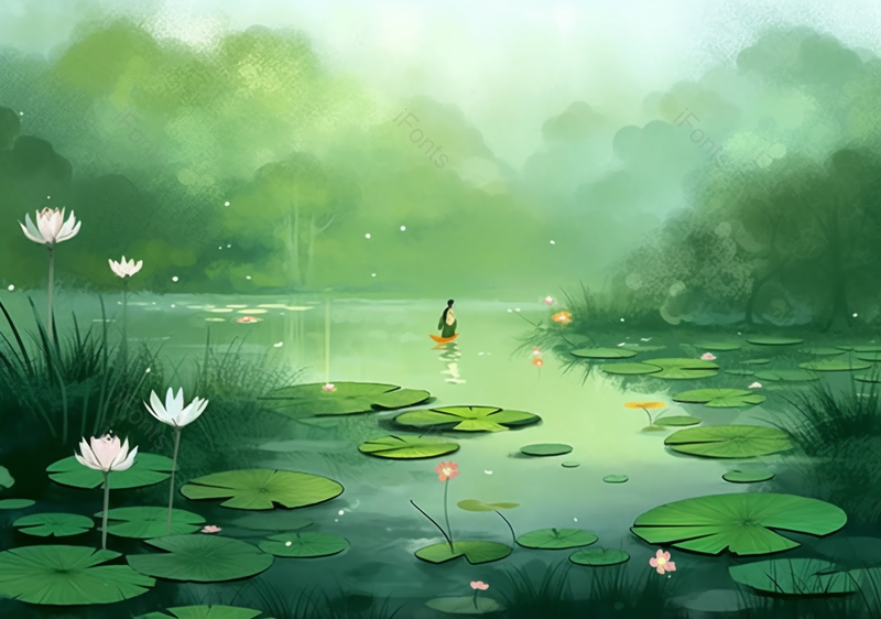 渔人出游古风国风水墨山水池塘树林睡莲荷花朦胧绿色唯美壁纸,插画/手绘图,插画/手绘图库,插画/手绘图下载,插画/手绘